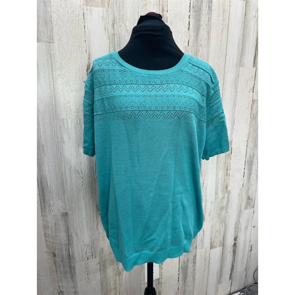 Alfred Dunner Sweater Top Womens Size L Turquoise Short Sleeve Pointelle sky686